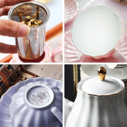 Miniatura 4 de Juego de té de porcelana de la serie British Royal, tazas y platillo de 8 onzas para 6, con tetera, azucarero, jarra de crema, cucharaditas y Púrpura