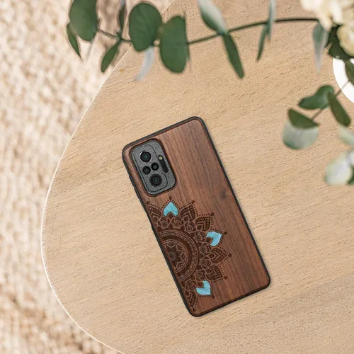 Miniatura 6 de kwmobile Funda de madera compatible con Xiaomi Redmi Note 10 Pro - Funda - Rising Sun Mother of Pearl Marrón oscuro