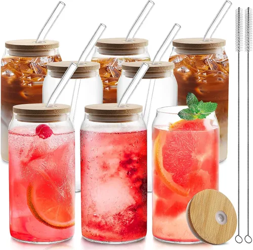Miniatura 9 de HOMBERKING Vasos de Vidrio con Tapas de Bambú y Pajitas, Juego de 12 Piezas, Vasos de Vidrio en Forma de Lata de 20 oz, Vasos de Cerveza, Taza