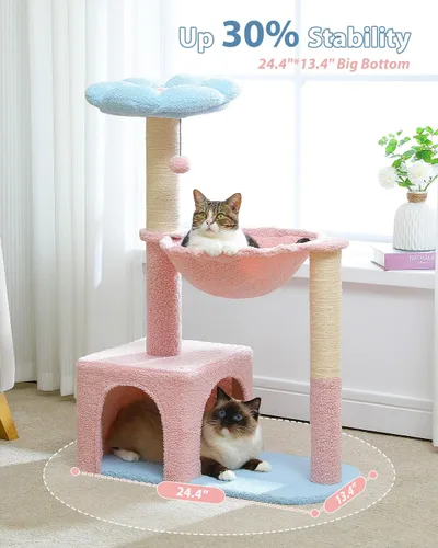 Miniatura 3 de MUTTROS Árbol de flores para gatos con hamaca grande de marco de metal, torre rosa para gatos de 35 pulgadas con postes rascadores de sisal