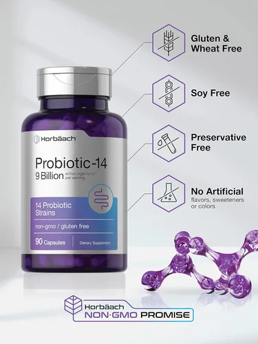 Miniatura 4 de Horbäach Probióticos para mujeres y hombres 14 cepas para la salud digestiva 9 mil millones de UFC 90 cápsulas Suplemento sin OMG y sin