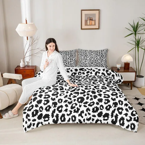 Miniatura 20 de Juego de edredón Manfei Leopardo Rosa Tamaño Individual, Juego de ropa de cama con estampado de cebra negro y blanco 2 piezas para decoración