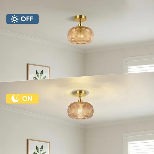 Miniatura 7 de ROTTOGOON Lámpara de techo semiempotrada, luces de techo inclinadas doradas ajustables con pantalla de vidrio ámbar, modernas lámparas de pasillo