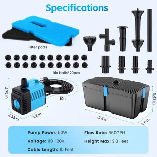 Miniatura 6 de Filtro de estanque con kits de bomba de fuente, bomba de estanque de 660 GPH y kit de filtro con bomba de agua sumergible de 50W, filtros