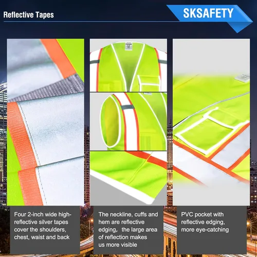 Miniatura 4 de SKSAFETY Chaleco de seguridad de 10 bolsillos, clase 2 de alta visibilidad con cremallera, chaleco de alta visibilidad con tiras reflectantes