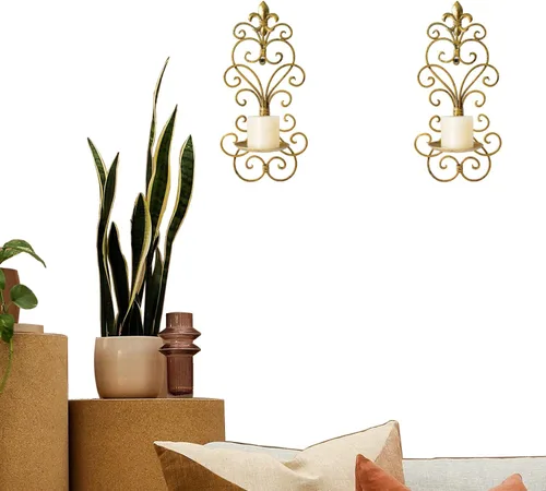 Miniatura 5 de Juego de 2 candelabros de pared, decoración de pared de metal, candelabros para colgar en la pared, para sala de estar, comedor (dorado)