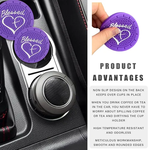 Miniatura 5 de Dickno 2 piezas posavasos para portavasos de automóvil, 2.76 pulgadas cruz bendita y corazón tapete de bebida cristiano, PVC suave antideslizante a
