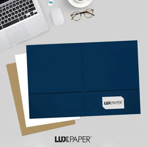 Miniatura 6 de LUXPaper Carpetas de presentación de 9" x 12" Dos bolsillos Lino azul náutico Cubierta de 100 lb. Cantidad de 10 Lino Azul Oscuro