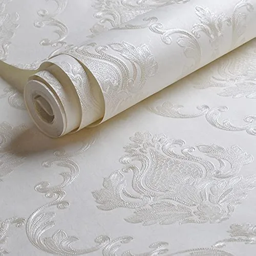 AMINAH DECO Papel tapiz floral texturizado de damasco blanco crema, papel de pared no tejido, para decoración del hogar, 20.8 x 393.00 pulgadas [no