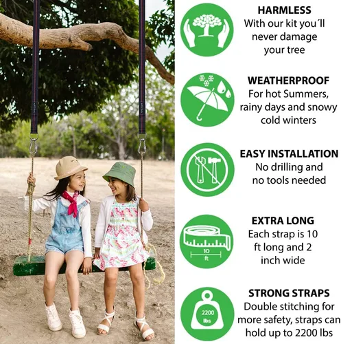 Miniatura 2 de Kit para colgar correas de columpio de árbol, dos ganchos de 10 pies extra largos y resistentes de 2200 libras y dos mosquetones de bloqueo seguros