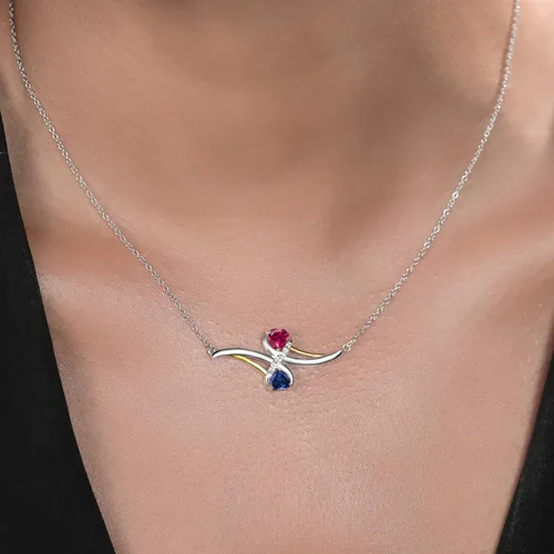 Miniatura 3 de Gem Stone King Collar con colgante de plata de ley 925 y oro amarillo de 10 quilates, color rojo zafiro creado en rubí y diamante blanco cultivado