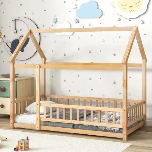 Cama de suelo de tamaño individual con valla para niños pequeños, cama Montessori con techo de casa, marco de cama de piso de madera individual para