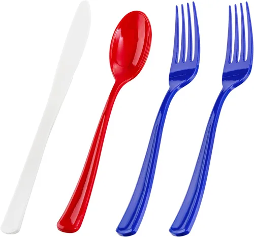 Liacere 200 piezas de cubiertos de plástico desechables rojos y azules del 4 de julio - Cubiertos de plástico rojo y azul - Suministros de fiesta