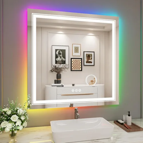Miniatura 78 de Snowdool Espejo LED de baño, 32 x 32 pulgadas con luz frontal y retroiluminada, antivaho, espejo de tocador de baño para pared, función de memoria