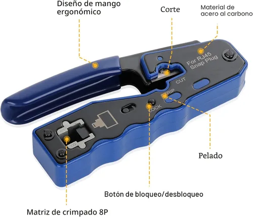 Miniatura 5 de Kit de herramientas de crimpado RJ45 para conectores modulares Cat5e Cat6 Cat6a 8P8C, herramienta de crimpado Ethernet todo en uno y probador