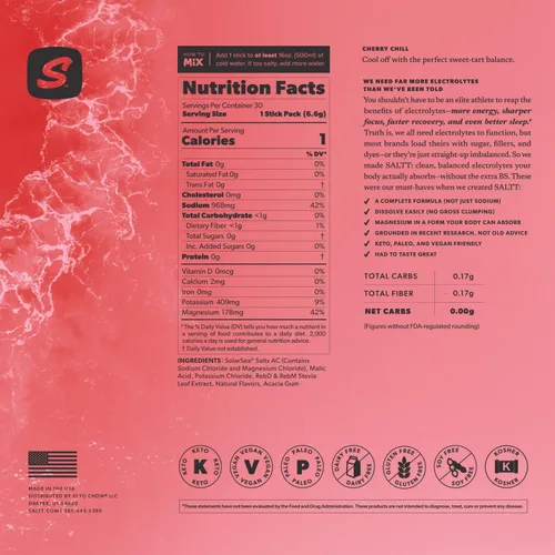 Miniatura 8 de SALTT Electrolytes Polvo Mezcla de Bebida Saborizada - Cherry Chill - 30 Paquetes de Hidratación - Magnesio, Potasio, Sodio, Oligoelementos - Sin