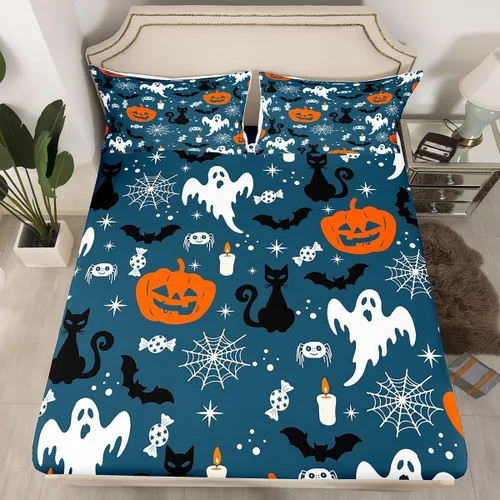 Miniatura 10 de Juego de sábanas bajeras con bonito diseño de gato negro para niños y niñas, diseño de dibujos animados de Halloween, gato, animales, sábanas