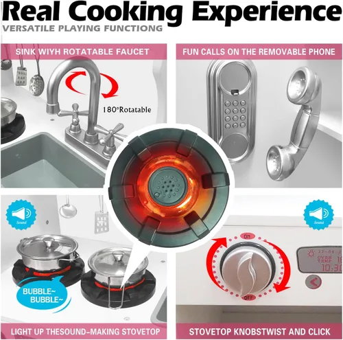 Miniatura 2 de TaoHFE Juego de cocina LED mejorado para niños, cocina de juguete de madera, bandeja de gas LED con sonido, juegos de cocina para niñas, regalo