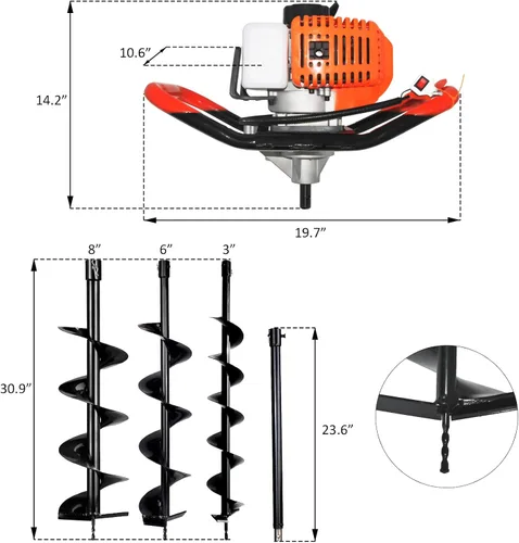 Miniatura 2 de Excavadora de agujeros para postes, excavadora de agujeros de poste de 2 tiempos de 62 cc, excavadora de tierra a gas, 3 brocas de taladro