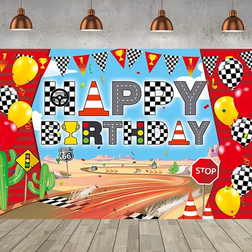 Cartel de fondo de feliz cumpleaños de coche de carreras, fondo de fotografía de carril de carreras para niños, decoración de fiesta de carreras de