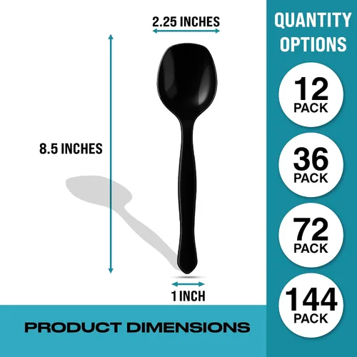 Miniatura 3 de Cucharas de plástico negro de 8.5 pulgadas para bufé, 36 unidades a granel, cuchara desechable resistente, utensilios de plástico grandes