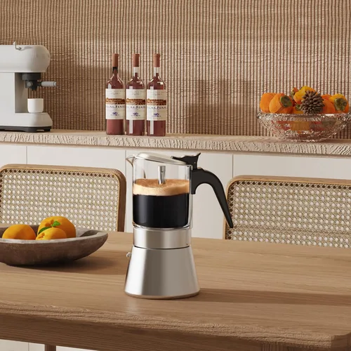 Miniatura 4 de SIXAQUAE - Olla de inducción Moka con tapa de cristal y acero inoxidable, cafetera italiana clásica (5.4 fl oz)