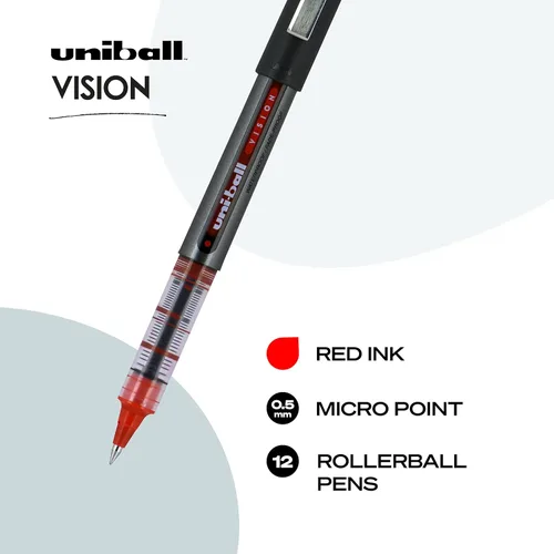 Miniatura 2 de Uniball Vision - Bolígrafo de punta rodante, en barra, micro 0.020 in, tinta roja, barril gris/rojo, docena (paquete de 12)