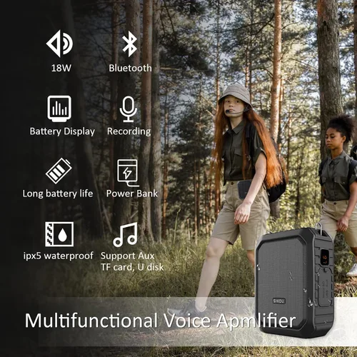 Miniatura 2 de Amplificador de voz personal para profesores - Altavoz portátil con micrófono de auriculares con cable de 18 W, impermeable, IPX5, cintura mejorador