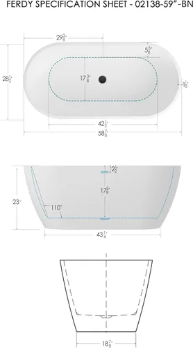 Miniatura 5 de FerdY 59" Bañera de acrílico independiente Bali Elite, bañera independiente de inmersión con forma elegante, certificada cUPC, desagüe negro Toe-Tap