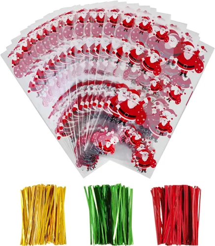 Miniatura 8 de Boao 100 bolsas de celofán, bonitas bolsas de golosinas transparentes con 150 lazos giratorios para suministros de fiesta (estilo navideño 11)