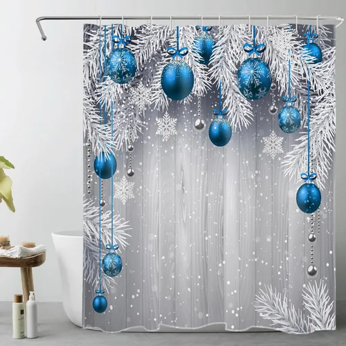 Miniatura 14 de LB Pink Christmas Shower Curtain Sets with Rugs Snowflake and Fir Twigs with Xmas Ball on Rustic Grey Wood Fabric Shower Curtain with Hooks Winter