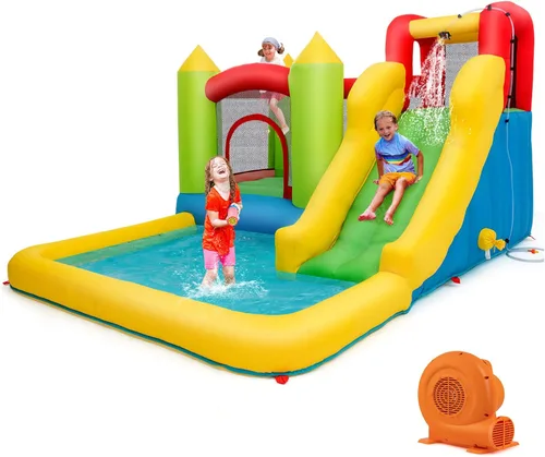 Miniatura 10 de OLAKIDS Tobogán acuático inflable, 4 en 1 casa de rebote para niños, parque acuático con área de salto de tobogán, pared de escalada, carrera