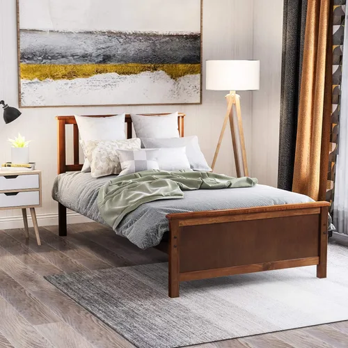 P PURLOVE Base de cama individual de madera con cabecero, estribo y soporte de listones de madera, nogal Nogal/Con Plataforma