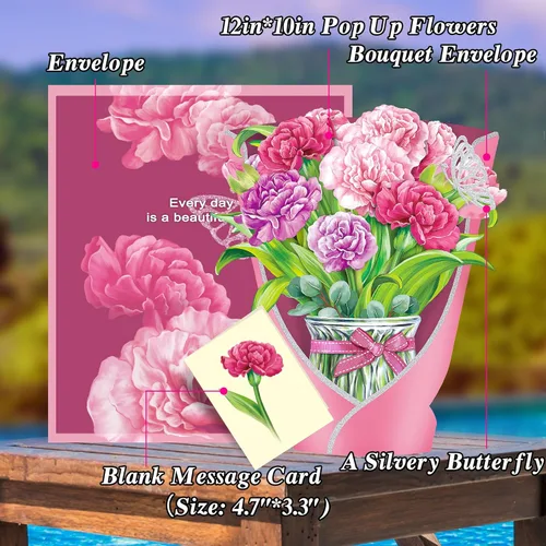 Miniatura 8 de Airpark - Tarjeta desplegable de flores 3D, tarjeta de felicitación – Claveles rosas – Para mamá, abuela – Ideal para el Día de la Madre