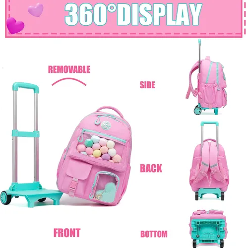 Miniatura 5 de Mochila con ruedas para niñas, mochila con ruedas, mochilas para primaria con lonchera y equipaje, Rosado, Estética