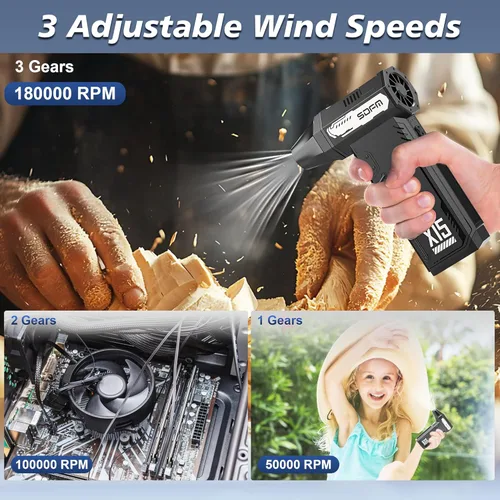 Miniatura 9 de SDFM Plumero de aire comprimido, soplador de nieve de 180,000 rpm, con motor sin escobillas, plumero de aire ajustable de 3 engranajes
