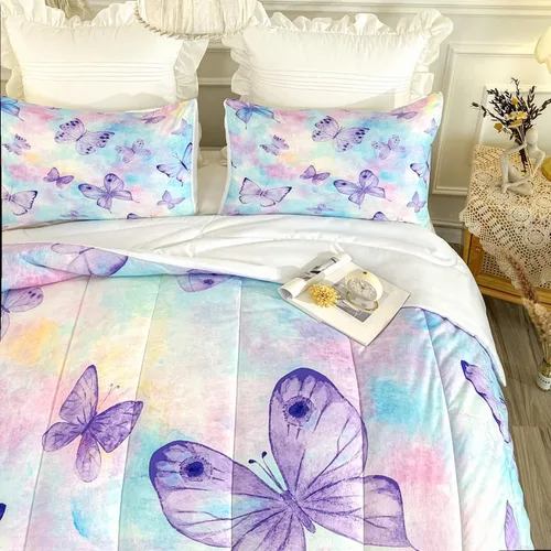 Miniatura 4 de CVHOUSE Juego de edredón de mariposa individual para niñas y adolescentes. Juego de ropa de cama individual de mariposas, colcha de mariposas, juego