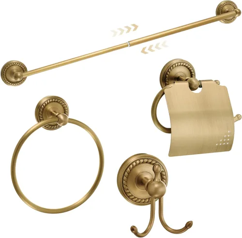 Miniatura 11 de Juego de 4 piezas de accesorios de baño de latón antiguo dorado, juego de toallero montado en la pared y anillo para toallas y soporte para papel