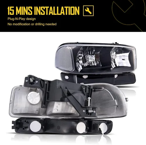 Miniatura 4 de KAX Conjunto de faros, repuesto negro para Sierra 1999-2006, Yukon 2000-2006, Sierra 1500 Classic Hybrid/SL/SLE/SLT/WT, GM2502188 GM2503188 GM2503188