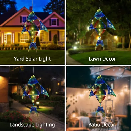 Miniatura 6 de Luces solares de peces para exteriores, faroles colgantes de metal, luces decorativas para patio trasero, porche, patio, balcón, tipi, camino.
