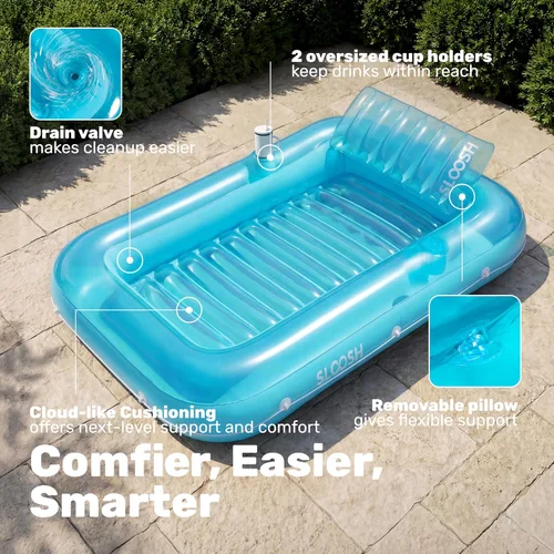 Miniatura 4 de SLOOSH Flotador inflable, camastro para adultos, con almohada, 178 x 117 cm, 4 en 1: balsa-tina bronceadora, camastro para tomar el sol, fiestas Azul