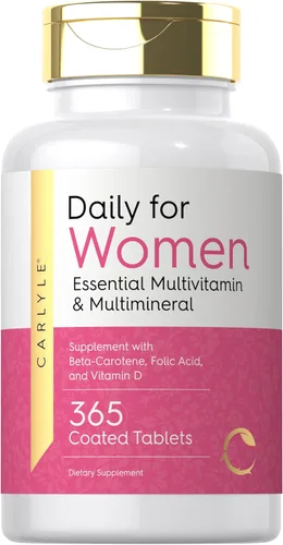 Carlyle Multivitamínico y multimineral para mujer | 365 tabletas | Suplemento diario con betacaroteno, ácido fólico y vitamina D | Píldoras sin OMG,