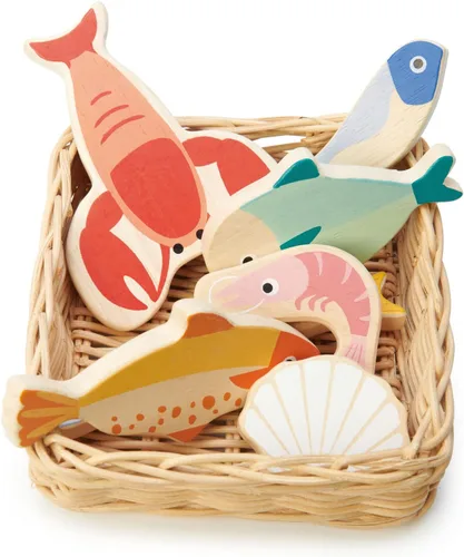 Miniatura 2 de Tender Leaf Toys - Cesta de mariscos - 6 piezas de mariscos de madera con cesta de mimbre hecha a mano, juego de comida de simulación, supermercado