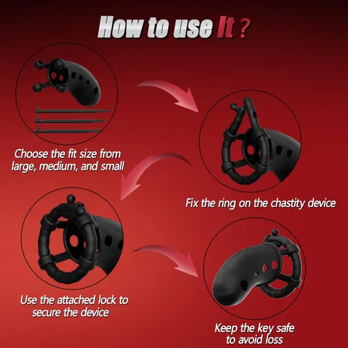 Miniatura 5 de Jaula de castidad masculina para polla negro, jaula de castidad grande de silicona con anillos ajustables de 3 tamaños para hombre