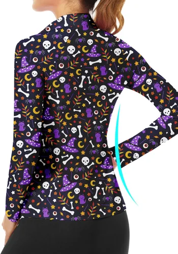 Miniatura 175 de WOWENY Camiseta deportiva de manga larga para mujer, con cremallera de un cuarto, cuello para entrenamiento, camiseta de tenis con estampado