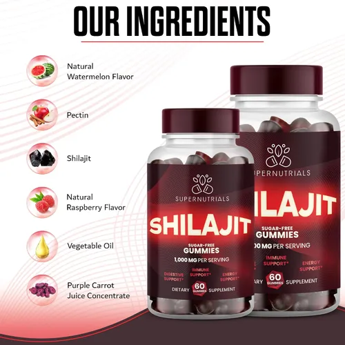 Miniatura 3 de Paquete de 2 gomitas Shilajit del Himalaya, 1000 mg cada una, 60 gomitas veganas sin azúcar por botella, orgánicas, sin OMG, energía, enfoque