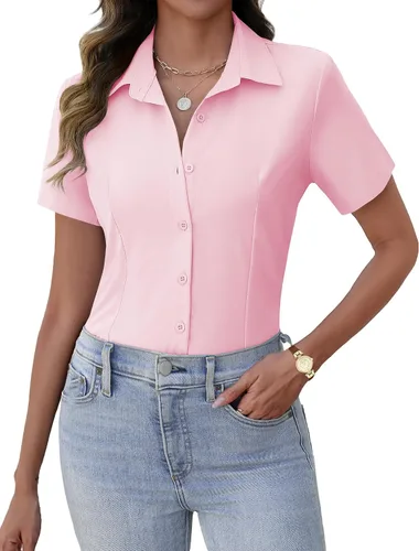 Miniatura 13 de Zeagoo Camisas de vestir de manga corta con botones para mujer, blusas básicas de trabajo con cuello de negocios