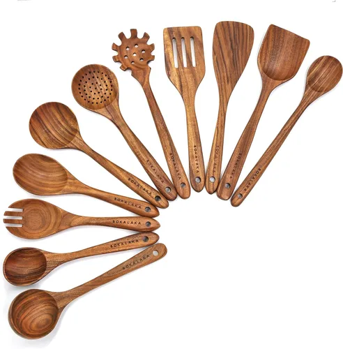 Miniatura 8 de Juego de utensilios de cocina de madera de teca, 7 piezas, utensilios de cocina de madera, incluye espátula