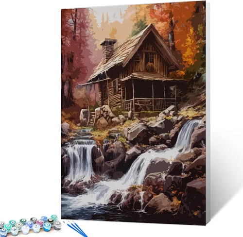 Miniatura 3 de Tucocoo Pintar por números de cabina en otoño, pintura sobre lienzo, pintura con pinceles, pinturas acrílicas, perfecta para pintar por números