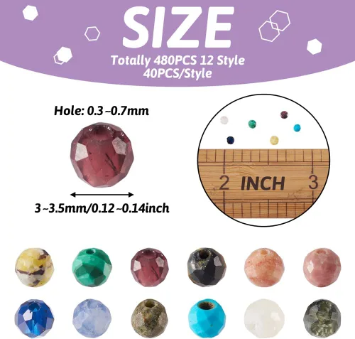 Miniatura 4 de Fashewelry 480 cuentas de cristal redondas facetadas de 0.118 pulgadas (0.118 in), pequeñas cuentas de piedra mixta natural y sintética